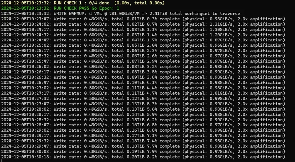 Screenshot of the command line showing Microsoft VMFleet Benchmarking tool on a Windows Server 2025 host. Multiple lines of text show a running task writing data at 0.49 gigabytes per second