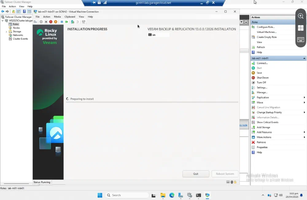 Screenshot of a virtual machine console displaying the Veeam Backup & Replication 13.0.0.126 installation progress screen, showing “Preparing to install”. The screen includes the Rocky Linux and Veeam logos.