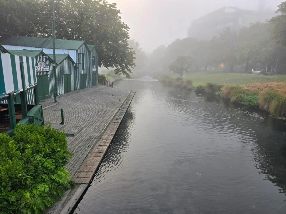 Antigua Boat Sheds on a foggy morning