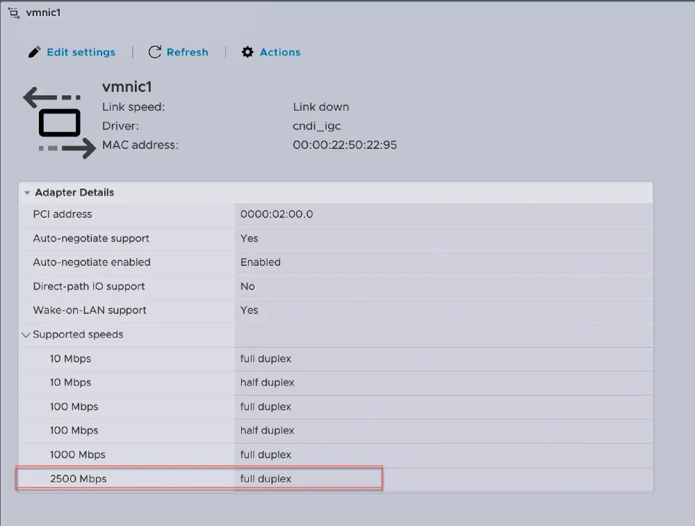 Screenshot of the new network adapter showing up in the VMware ESXi Host UI, with a red box highlighting the fielding showing 2500 Mbps